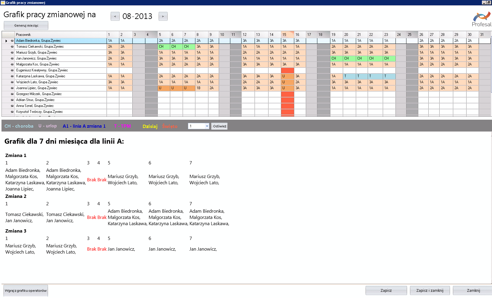 Zrzut ekranu z panelu tworzenia grafiku pracy zmianowej na dany miesiąc