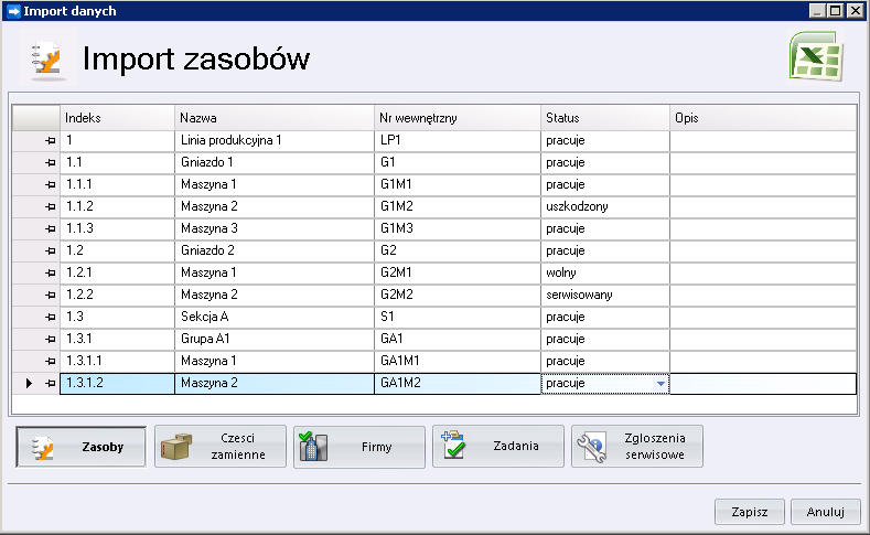 Formularz importu danych z Excela do Profesal Maintenance