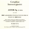 ASTOR | Certyfikat Innowacyjności