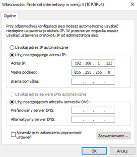 Ustawienia protokołu internetowego w wersji 4