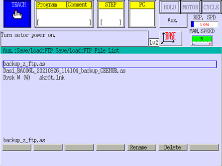 Okno zapisu serwera FTP na robocie Kawasaki 3