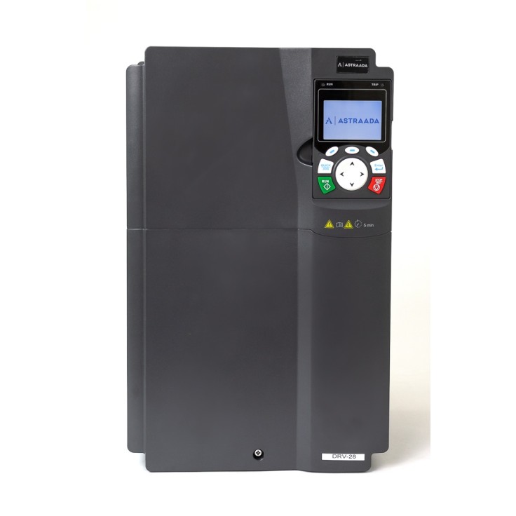 Przetwornik częstotliwości DRV-28: 30/37 kW, zasilanie 3x400V, sterowanie wektorowe, STO, filtr EMC, panel operatorski LCD, obsługa modułów rozszerzeń, funkcje went-pomp, fire-mode, 30m gwarancji, IP55