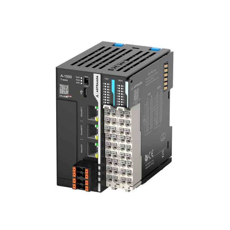 Astraada A-Series PLC A-1000 - 1GHz ARM; 16DI(PNP); 16DO(PNP); 2x RS485; 2x Eth; 1x EtherCAT; 1x USB-C; A-1000 Studio; 8 osi