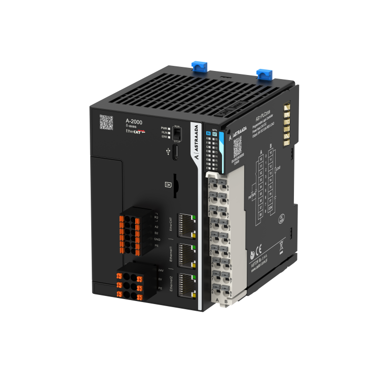 Astraada A-Series PLC A-2000 - 8DI(PNP/NPN); 8DO(NPN); 2x RS485; 2x Eth; 1x EtherCAT; 1x USB-C; 1x uSD; Codesys V3.5 SP20; 8 osi