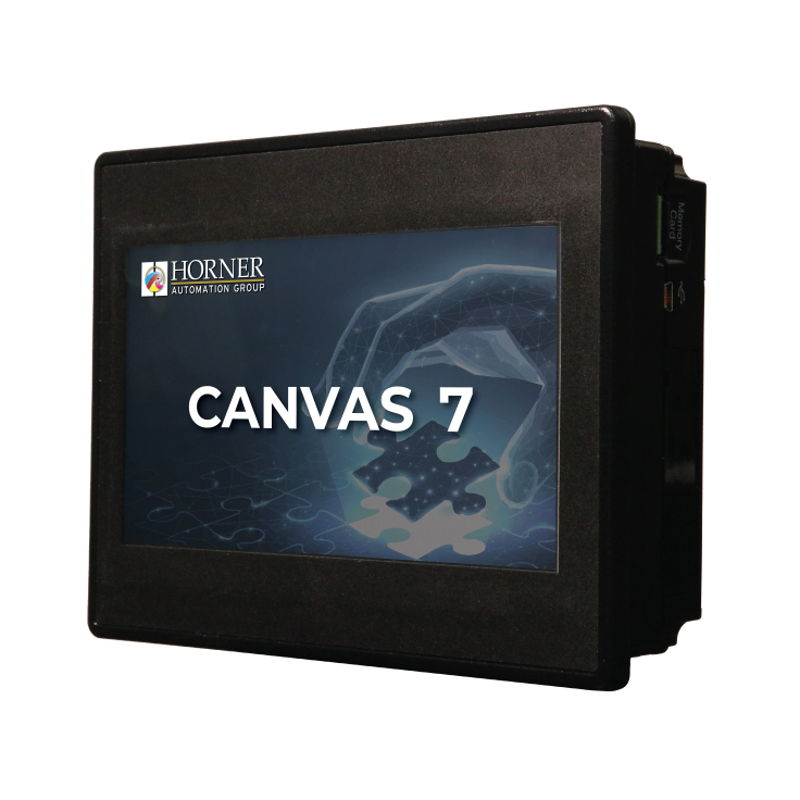 Canvas 7; 2 rdzenie; 7" kolor; 2 MB pamięci; RS232; RS485; RS232/485; 1x Ethernet; 1x USB-A; MicroSD; 1x CAN; 12 DI (4 HSC); 6 DO (przekaźnik 2A); 4 AI (0-10V; 0-20mA; 4-20mA)