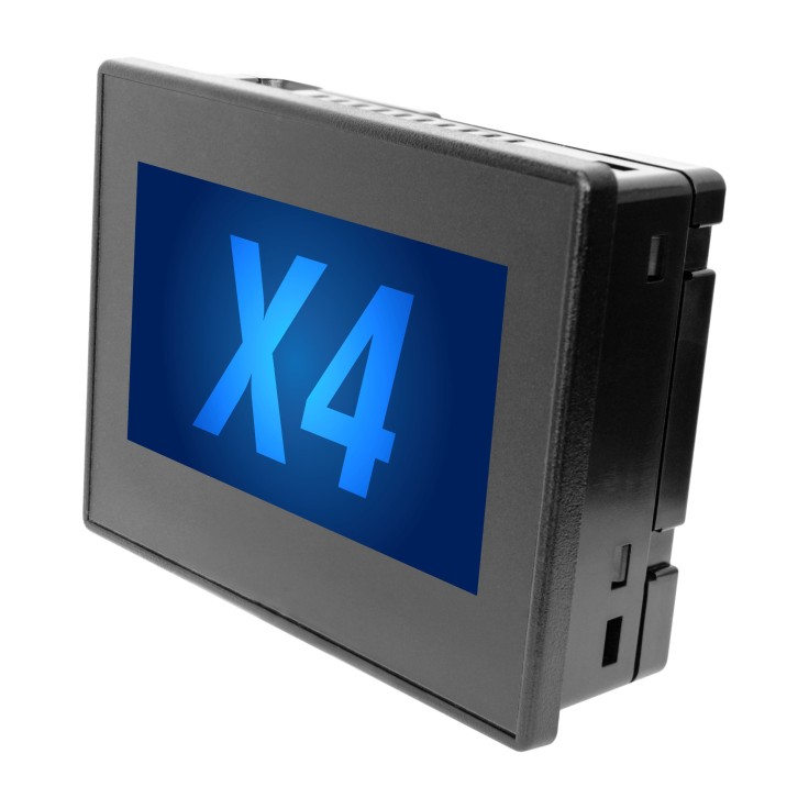 Sterownik PLC z HMI X4 - 4.3"; 12x DI  (24 VDC; 4HSC, 500 kHz), 12x DO (24 VDC; 2PWM, 65 kHz), 4x AI (0-20mA; 4-20mA; PT100 RTD), 2x AO (4-20 mA)