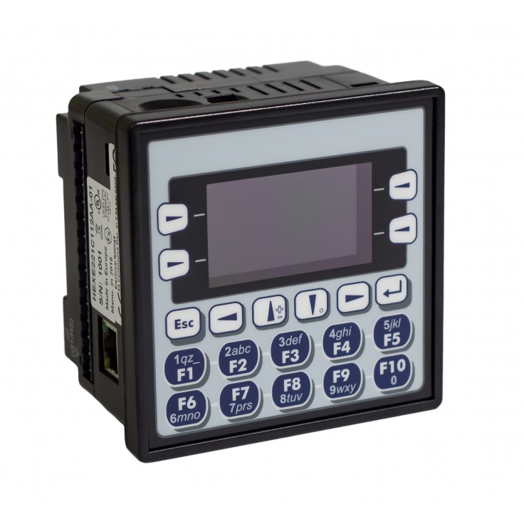 Sterownik PLC z HMI EXLe - 2.25", Ethernet; 12 DI (24V; 4 HSC); 12 DO (24V; 2 PWM); 6 AI (0-10V; 0-20mA; 4-20mA; RTD; THM); 4 AO (0-10V; 0-20mA; 4-20mA)