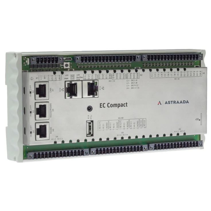 Astraada One Compact ECC2201 DUO - 16DI, 16DO, 12AI, 6AO; web server, MQTT, RS232/485, CAN, Ethernet, EtherCAT, Ethernet, Modbus TCP/RTU