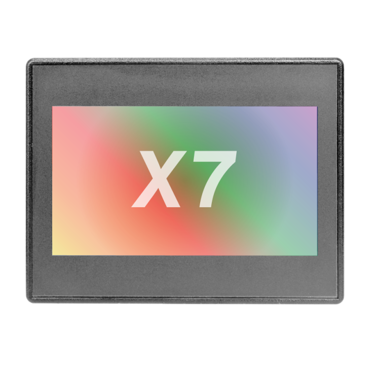 X7; 7" kolor dotykowy; 256 kB pamięci; RS232; RS485; CAN; mini USB; MicroSD; 12 DI (24VDC; 4 HSC); 12 DO (24VDC; 2 PWM); 4 AI (4-20mA; 12 bit); 2 AO (4-20mA; 12 bit)	