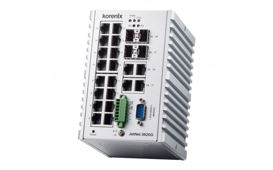 Switch zarządzalny przemysłowy, Ethernet - 20 portowy (16 x RJ45 GbE + 4 x RJ45/SFP GbE), RapidSuperRing, montaż DIN, -40…+75, 10…60VDC