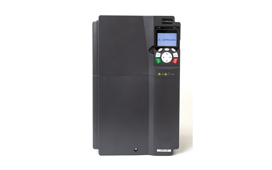 Przetwornik częstotliwości DRV-28: 30/37 kW, zasilanie 3x400V, sterowanie wektorowe, STO, filtr EMC, panel operatorski LCD, obsługa modułów rozszerzeń, funkcje went-pomp, fire-mode, 30m gwarancji, IP55