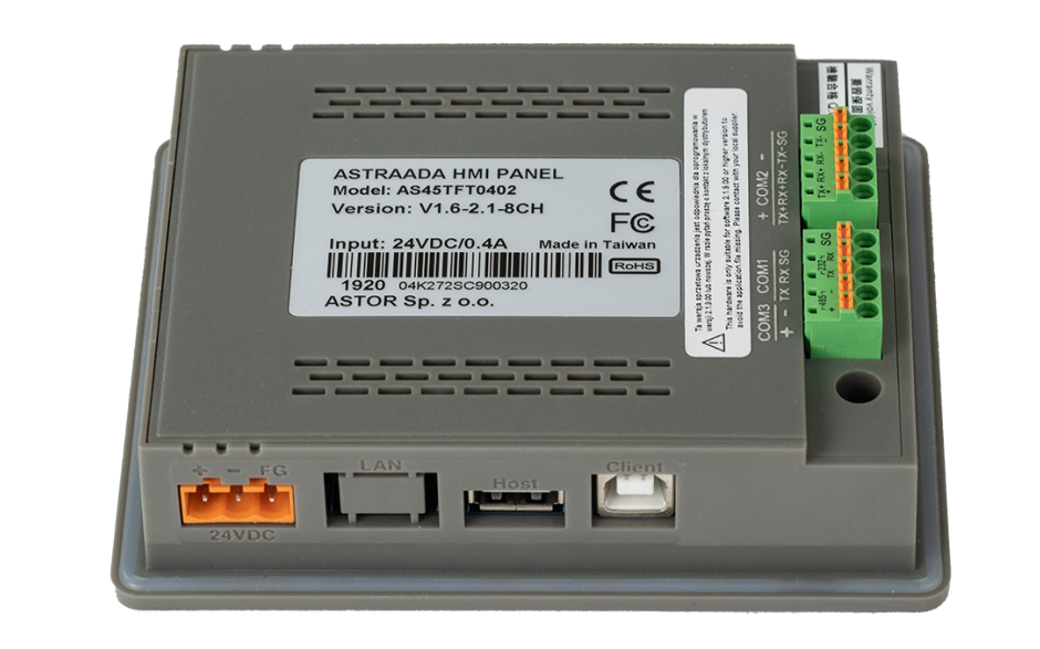 Dotykowy panel operatorski Astraada HMI, matryca TFT 4,3” (480x272, 65k), RS232, RS422/485, RS485, USB Client/Host, 30m gwarancji 3