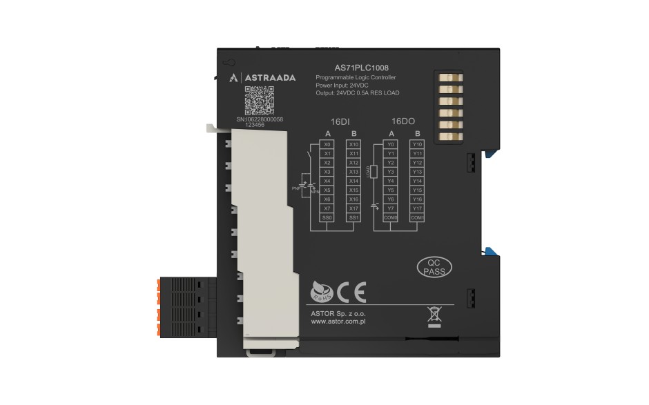 Astraada A-Series PLC A-1000 - 1GHz ARM; 16DI(PNP); 16DO(PNP); 2x RS485; 2x Eth; 1x EtherCAT; 1x USB-C; A-1000 Studio; 8 osi 3