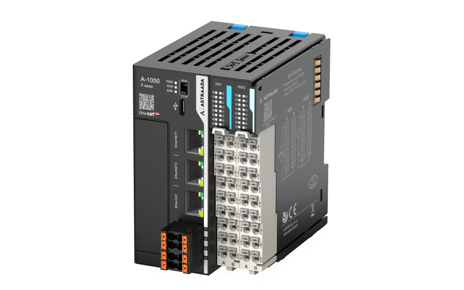 Astraada A-Series PLC A-1000 - 1GHz ARM; 16DI(PNP); 16DO(PNP); 2x RS485; 2x Eth; 1x EtherCAT; 1x USB-C; A-1000 Studio; 8 osi