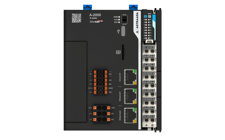 Astraada A-Series PLC A-2000 - 8DI(PNP/NPN); 8DO(NPN); 2x RS485; 2x Eth; 1x EtherCAT; 1x USB-C; 1x uSD; Codesys V3.5 SP20; 4 osie 2