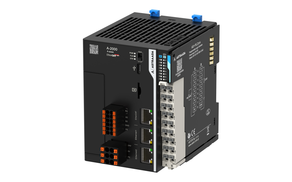 Astraada A-Series PLC A-2000 - 8DI(PNP/NPN); 8DO(NPN); 2x RS485; 2x Eth; 1x EtherCAT; 1x USB-C; 1x uSD; Codesys V3.5 SP20; 4 osie