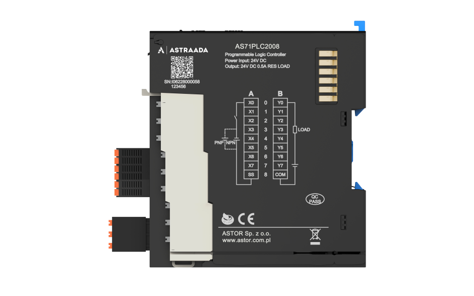 Astraada A-Series PLC A-2000 - 8DI(PNP/NPN); 8DO(NPN); 2x RS485; 2x Eth; 1x EtherCAT; 1x USB-C; 1x uSD; Codesys V3.5 SP20; 8 osi 3