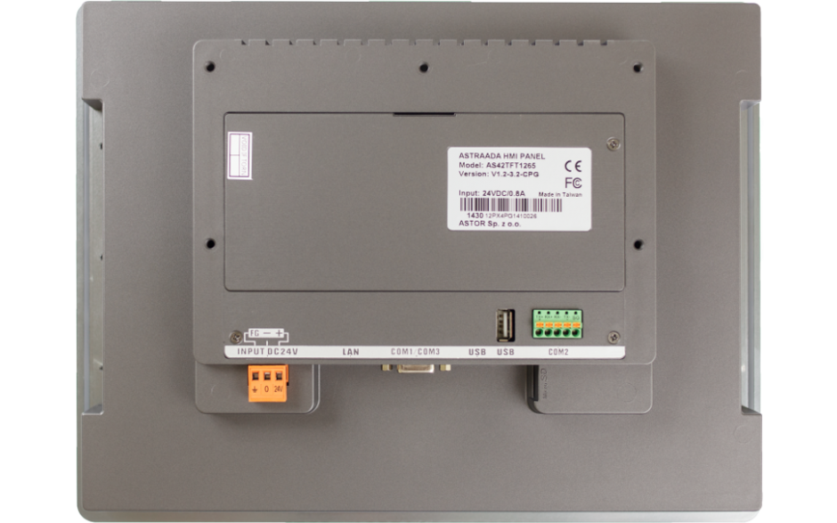 Dotykowy panel operatorski Astraada HMI, matryca TFT 12” (1024x768, 65k), RS232/422/485, RS422/485, RS232, USB Client/Host, Ethernet, MicroSD, -20~60C 4