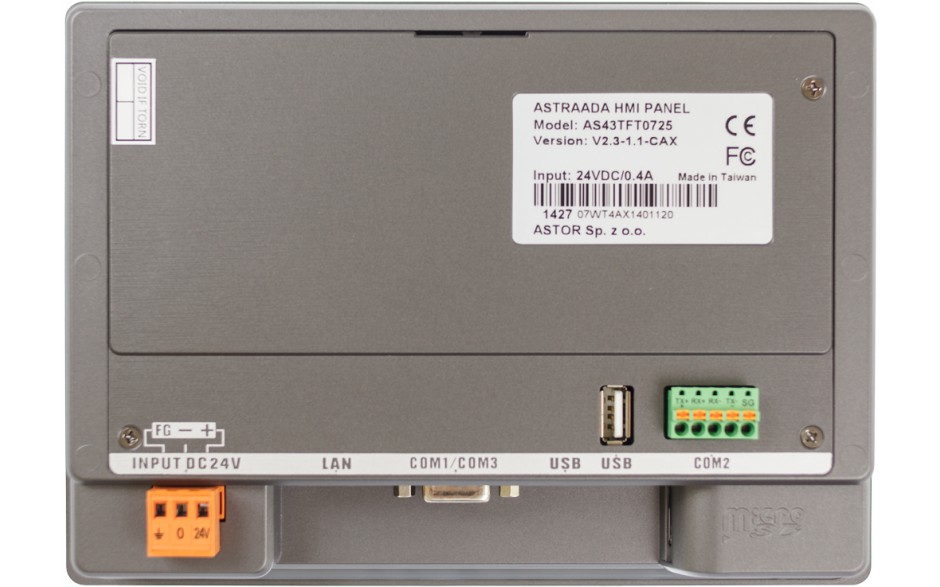 Dotykowy panel operatorski Astraada HMI, matryca TFT 7” (800x400, 65k), RS232/422/485, RS422/485, RS232, USB Client/Host, Ethernet, MicroSD 2