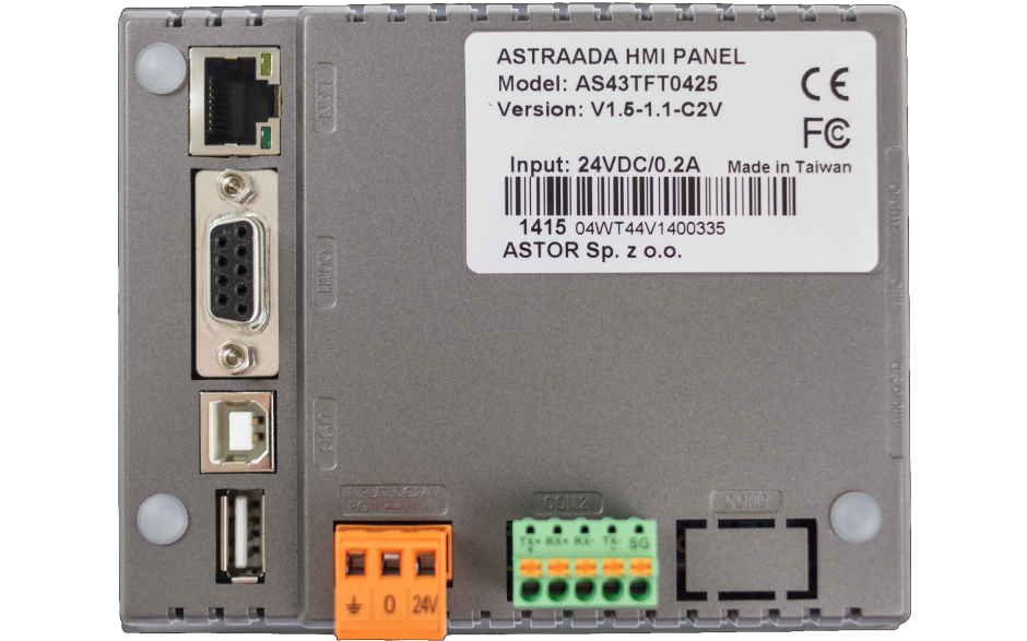 Dotykowy panel operatorski Astraada HMI, matryca TFT 4,3” (480x272, 65k), RS232/422/485, RS422/485, RS232, USB Client/Host, Ethernet, MicroSD 3
