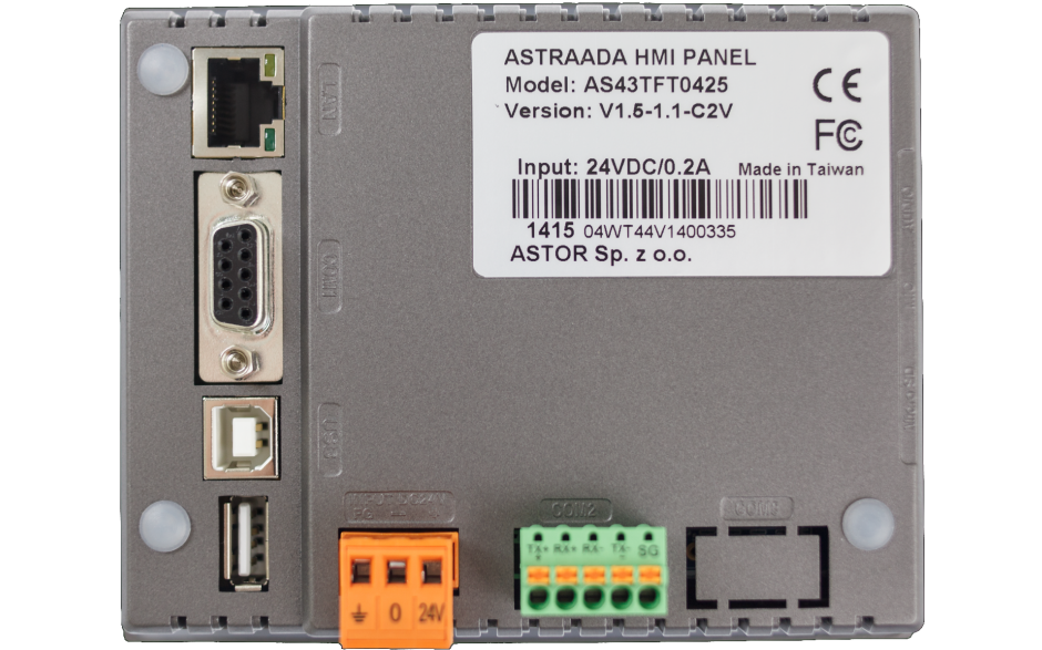 Dotykowy panel operatorski Astraada HMI, matryca TFT 4,3” (480x272, 65k), RS232/422/485, RS422/485, RS232, USB Client/Host, Ethernet, MicroSD 5