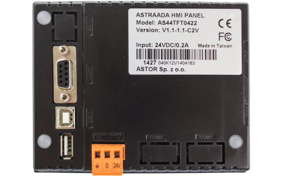 Dotykowy panel operatorski Astraada HMI o przekątnej 4.3", matryca TFT o rozdzielczości 480 x 272, 65535 kolorów 3