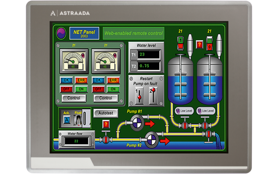 Dotykowy panel operatorski Astraada HMI, matryca TFT 12” (1024x768, 65k), RS232/422/485, RS422/485, RS232, USB Client/Host, Ethernet, MicroSD, -20~60C 6