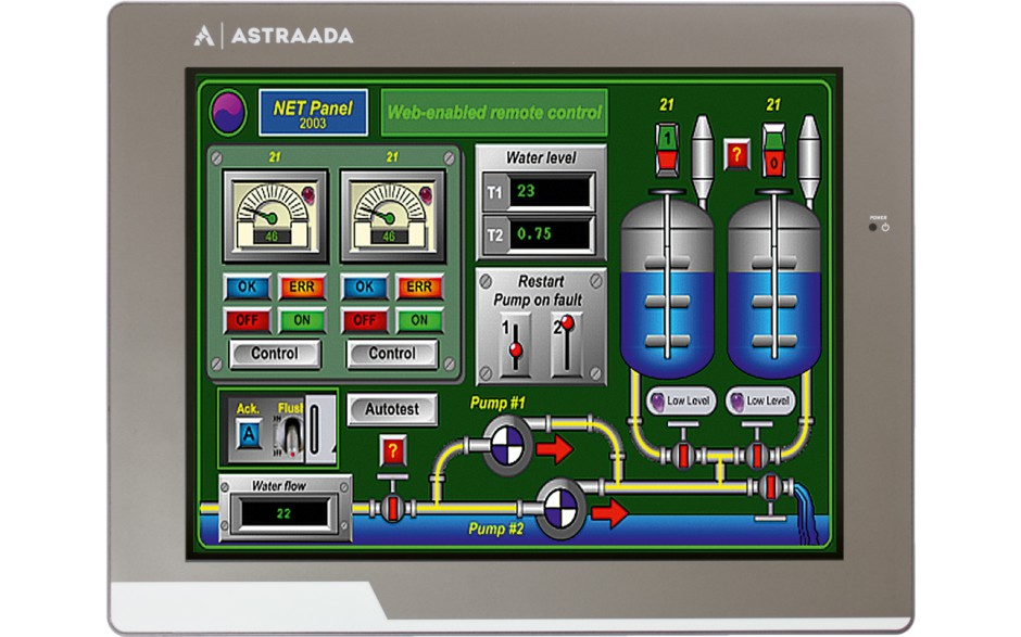 Dotykowy panel operatorski Astraada HMI, matryca TFT 10” (800x600, 65k), RS232/422/485, RS422/485, RS232, USB Client/Host, Ethernet, MicroSD