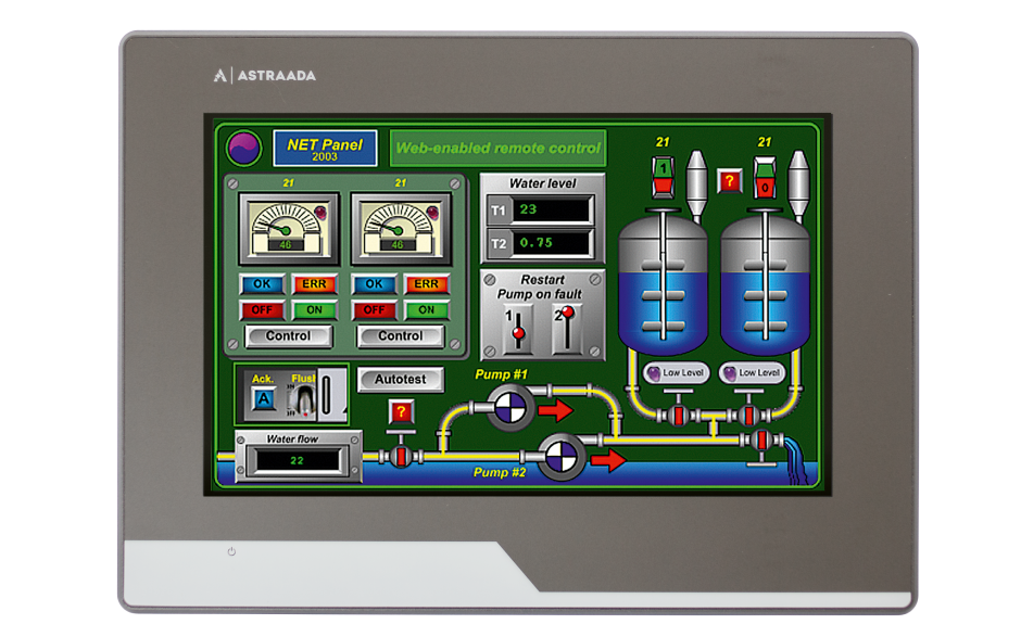 Dotykowy panel operatorski Astraada HMI, matryca TFT 7” (800x400, 65k), RS232/422/485, RS422/485, RS232, USB Client/Host, Ethernet, MicroSD