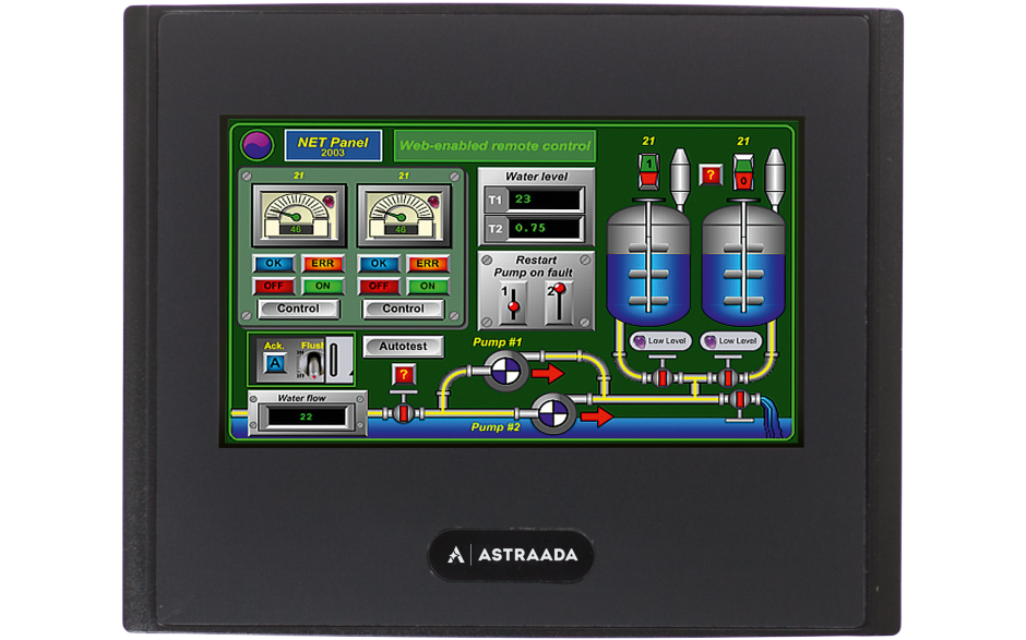 Dotykowy panel operatorski Astraada HMI o przekątnej 4.3", matryca TFT o rozdzielczości 480 x 272, 65535 kolorów 4