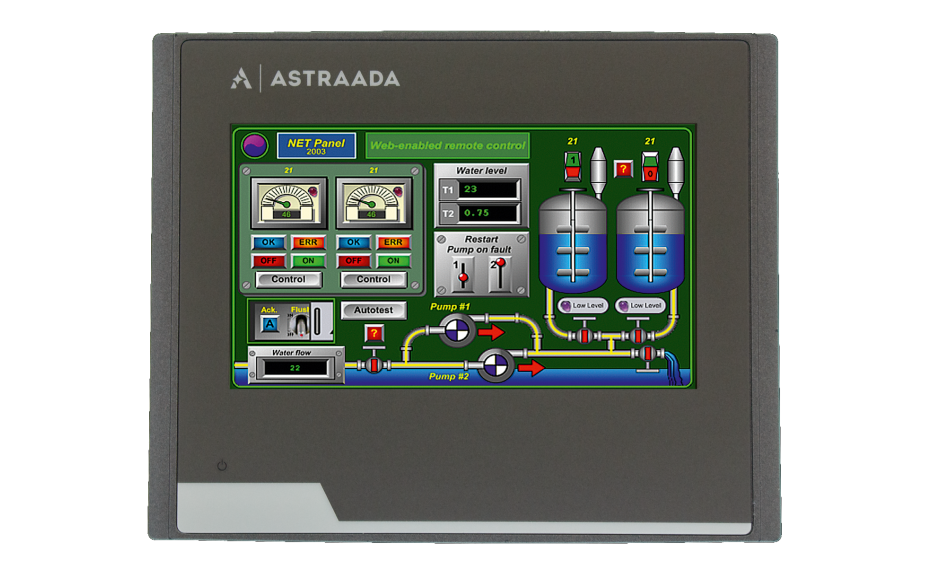 Dotykowy panel operatorski Astraada HMI, matryca TFT 4,3” (480x272, 65k), RS232/422/485, RS422/485, RS232, USB Client/Host, Ethernet, MicroSD