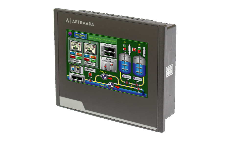 Dotykowy panel operatorski Astraada HMI, matryca TFT 4,3” (480x272, 65k), RS232/422/485, RS422/485, RS232, USB Client/Host, Ethernet, MicroSD 2