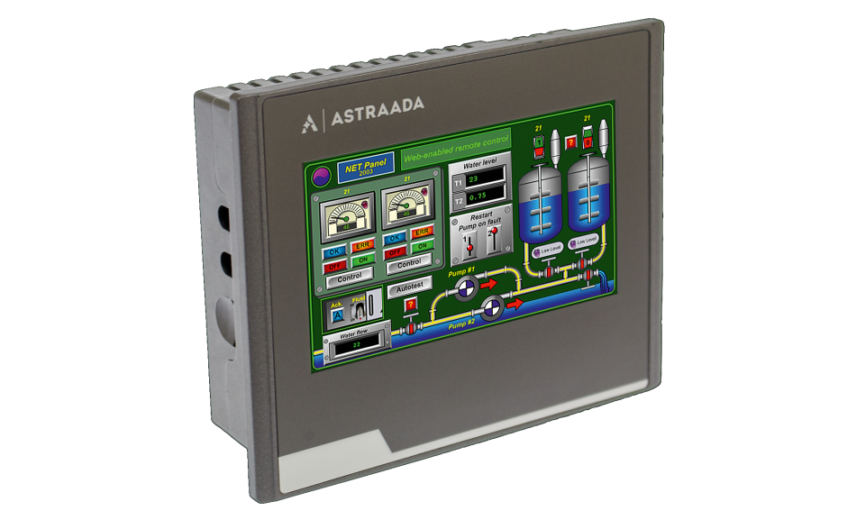 Dotykowy panel operatorski Astraada HMI, matryca TFT 4,3” (480x272, 65k), RS232/422/485, RS422/485, RS232, USB Client/Host, Ethernet, MicroSD 3