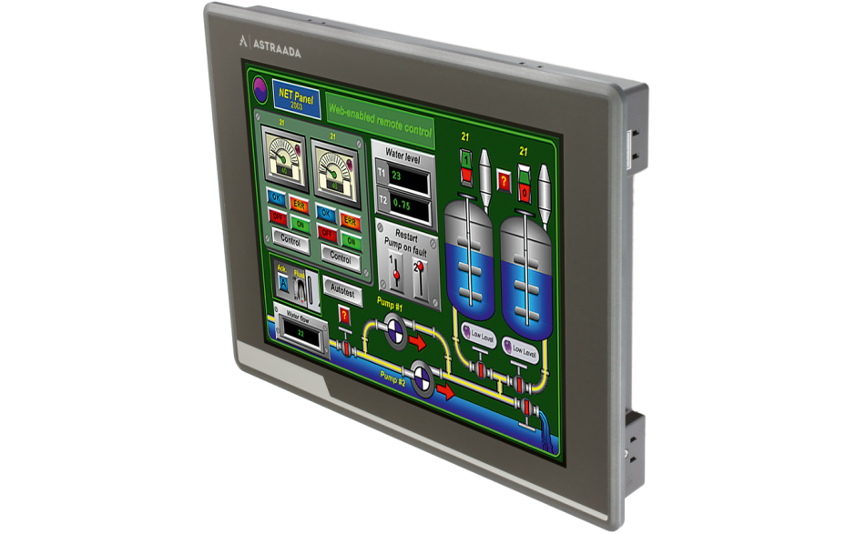 Dotykowy panel operatorski Astraada HMI, matryca TFT 12” (1024x768, 65k), RS232/422/485, RS422/485, RS232, USB Client/Host, Ethernet, MicroSD, -20~60C 6