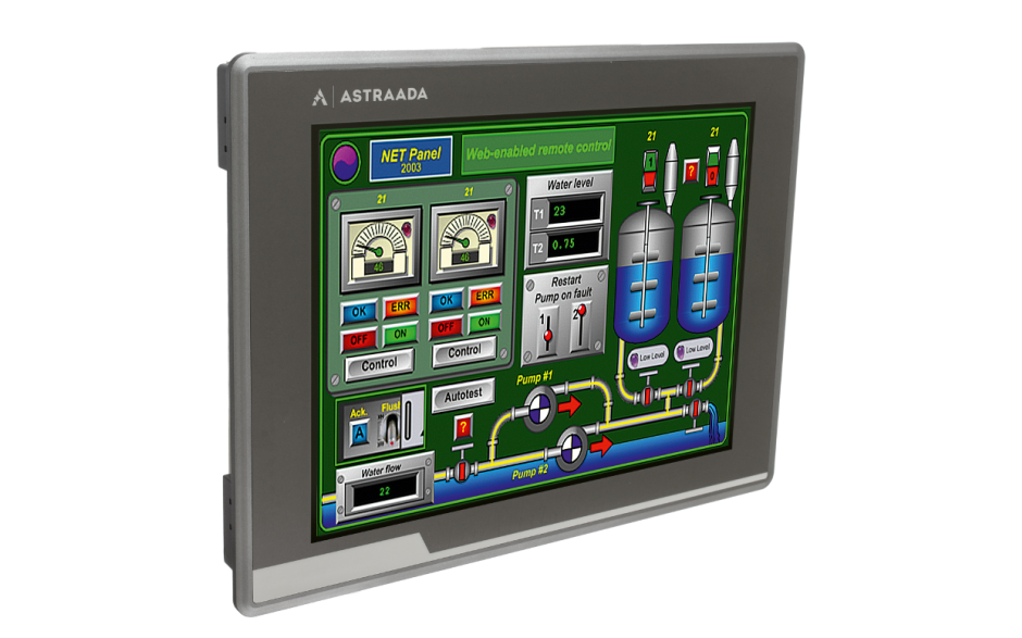 Dotykowy panel operatorski Astraada HMI, matryca TFT 12” (1024x768, 65k), RS232/422/485, RS422/485, RS232, USB Client/Host, Ethernet, MicroSD, -20~60C 4