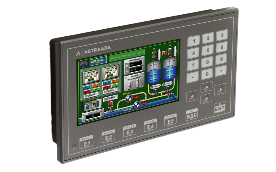Dotykowy panel operatorski Astraada HMI, matryca TFT 4,3” (480x272, 65k) z klawiaturą numeryczną, RS232/422/485, RS232, USB Client/Host 5
