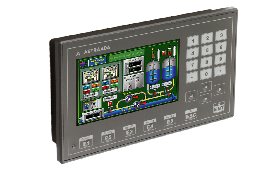 Dotykowy panel operatorski Astraada HMI, matryca TFT 4,3” (480x272, 65k) z klawiaturą numeryczną, RS232/422/485, RS232, USB Client/Host 2