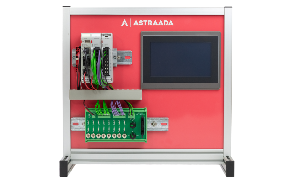 Stanowisko edukacyjne ze sterownikiem PLC, panelem HMI i symulatorem I/O
