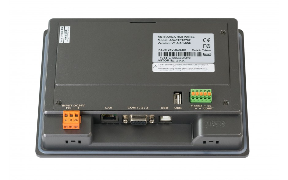 Dotykowy panel operatorski Astraada HMI, matryca TFT 7” (800x480, 65k), RS232, RS422/485, 3x RS485, USB Client/Host, Ethernet, 30m gwarancji 2