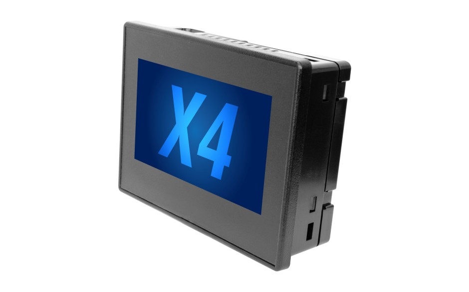 Sterownik PLC z HMI X4 - 4.3"; 12x DI  (24 VDC; 4HSC, 500 kHz), 12x DO (24 VDC; 2PWM, 65 kHz), 4x AI (0-20mA; 4-20mA; PT100 RTD), 2x AO (4-20 mA)