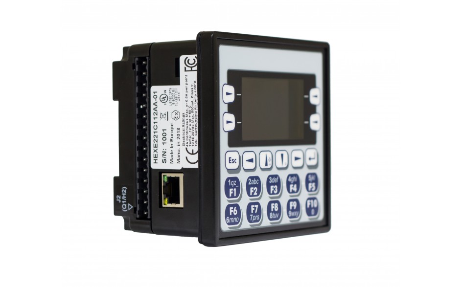 Sterownik PLC z HMI EXLe - 2.25", Ethernet; 12 DI (24V; 4 HSC); 12 DO (24V; 2 PWM); 2 AI (0-10V; 0-20mA; 4-20mA; RTD; THM); 2 AO (0-10V; 0-20mA; 4-20mA) 3