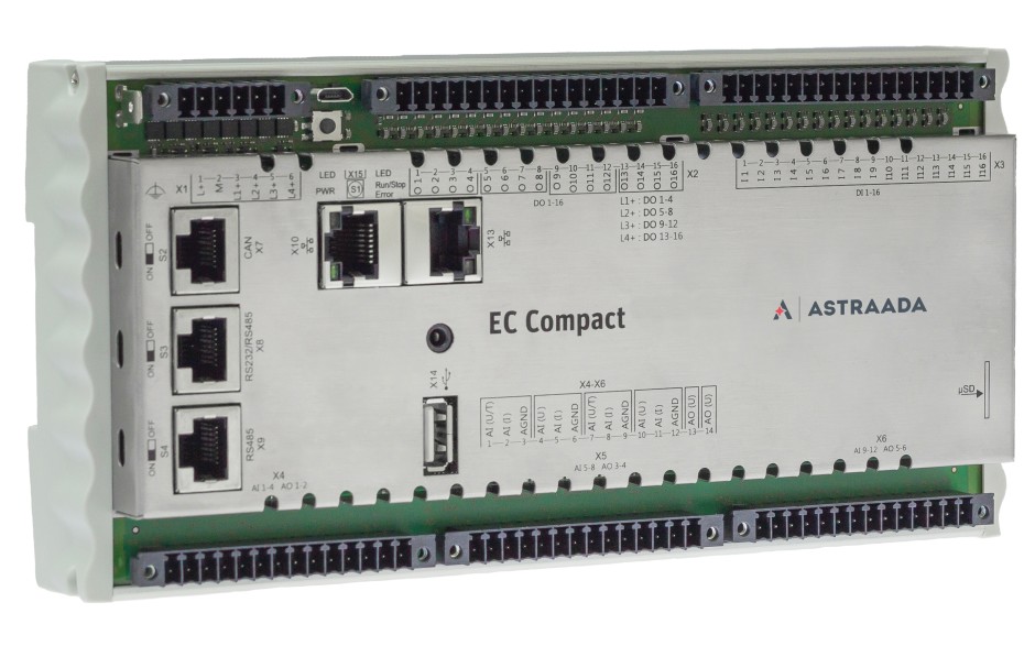 Astraada One Compact ECC2201 DUO - 16DI, 16DO, 12AI, 6AO; web server, MQTT, RS232/485, CAN, Ethernet, EtherCAT, Ethernet, Modbus TCP/RTU