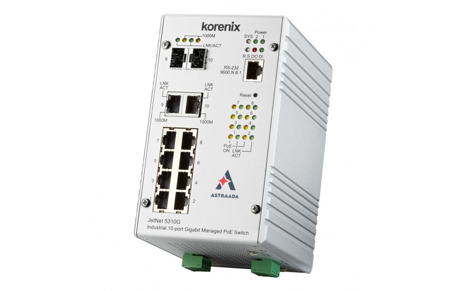 Switch PoE przemysłowy, zarządzalny, Ethernet - 10-portowy (8 x 10/100 Base-TX, PoE + 2 x RJ45/SFP - 1000 Base-X), RING