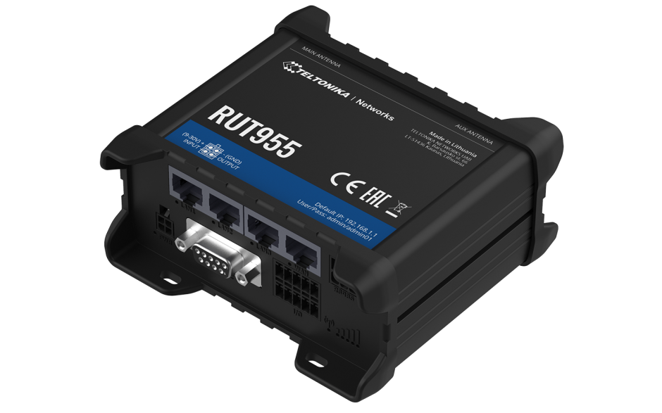 RUT955 - Router przemysłowy 4G (LTE); Ethernet; RS232/485; 128MB RAM; DUAL SIM; SMS; IPSec; openVPN; WiFi; montaż na szynie DIN