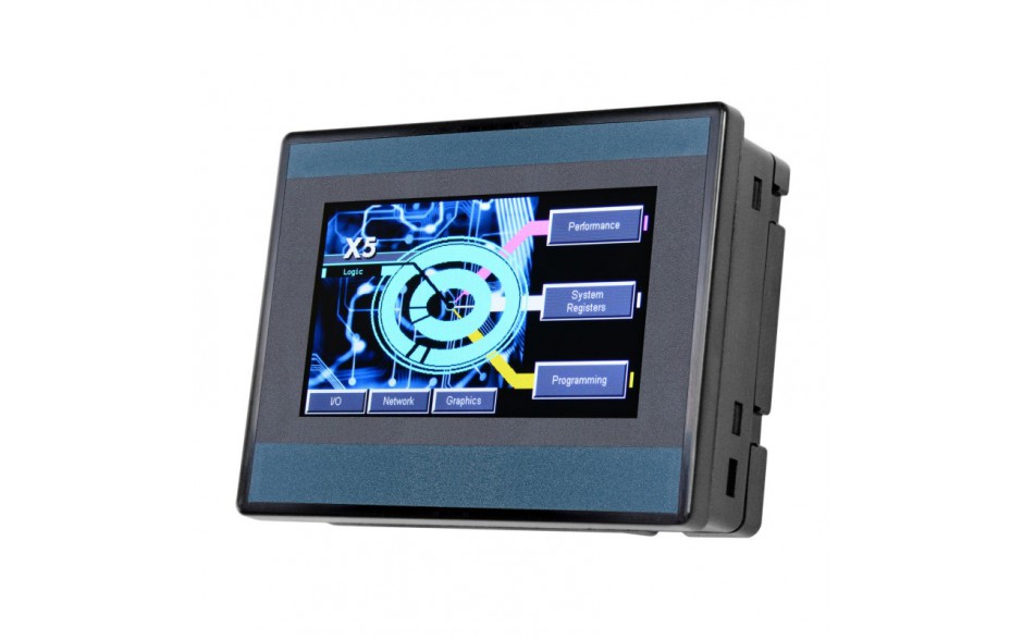 Sterownik PLC z HMI X5 - 4.3", 4 DI (24V, 4 HSC 500 KHz), 4 DO (24V, 2 PWM 500 KHz), 4 AI (0-10V, 0-20mA, 4-20mA, 12 bit)