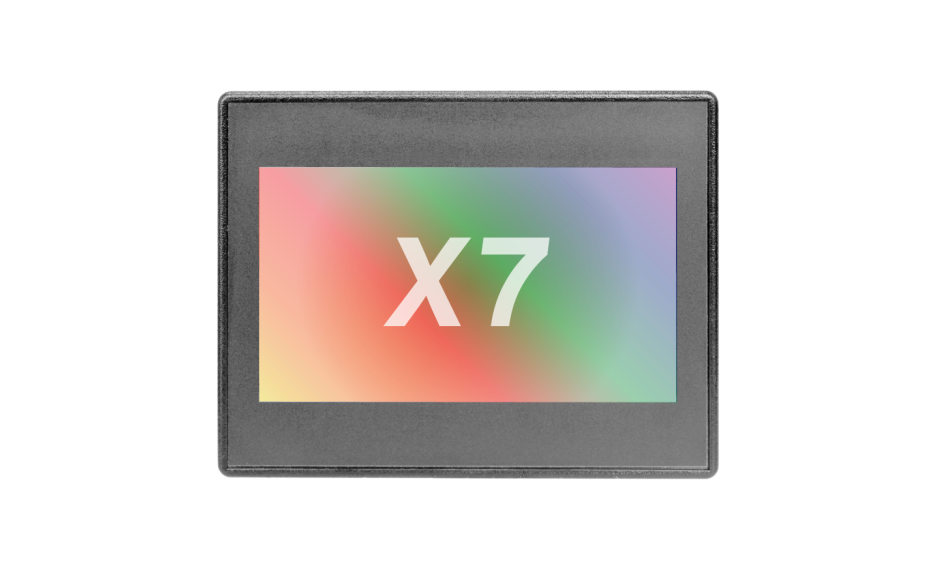 X7; 7" kolor dotykowy; 256 kB pamięci; RS232; RS485; CAN; mini USB; MicroSD; 12 DI (24VDC; 4 HSC); 12 DO (24VDC; 2 PWM); 4 AI (4-20mA; 12 bit); 2 AO (4-20mA; 12 bit)	