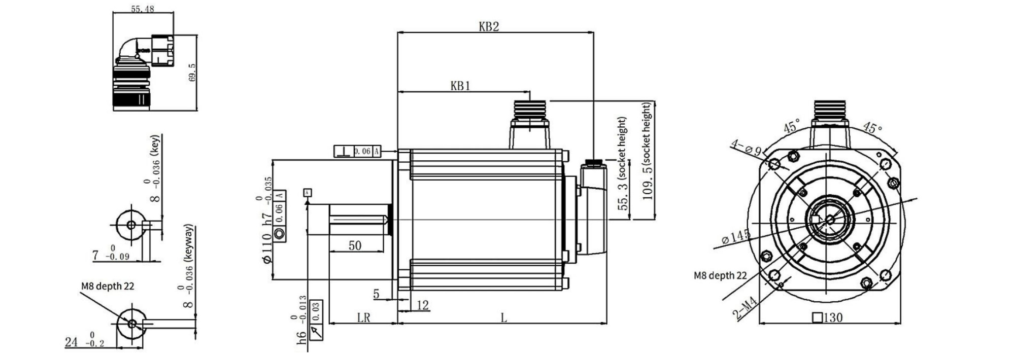 Wymiary silnika AS65 z kołnierzem 130mm