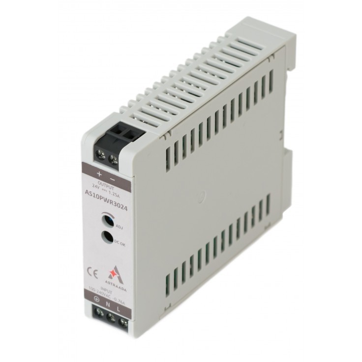 30W power supply (100-240VAC / 24V/1.25A DC), overvoltage, overload and thermal protection, DIN mounting, 54 month warranty