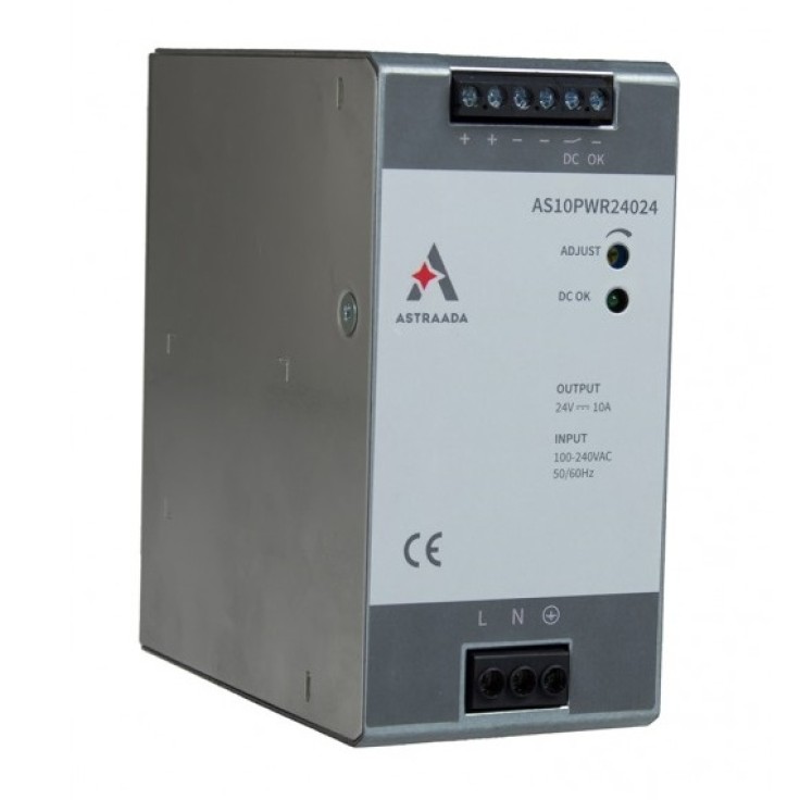 240W power supply (100-240VAC / 24V/10A DC), overvoltage, overload and thermal protection, DIN mounting, warranty 54 months