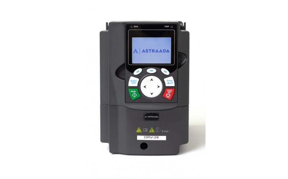DRV-28 frequency inverter: 5.5/7.5 kW, 3x400V power supply, vector control, STO, EMC filter, LCD operator panel, expansion module support, vent-pump functions, fire-mode, 30 months warranty.